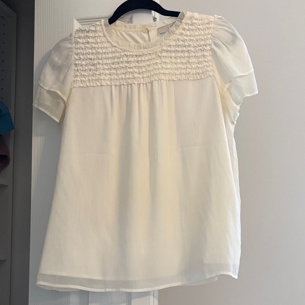 LOFT Ivory Blouse with Smocked Detail & Cap Sleeves